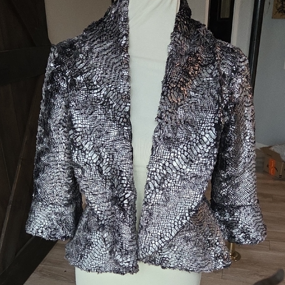 Eva Varro Metallic Textured Faux Fur Women's Blazer Jacket Small